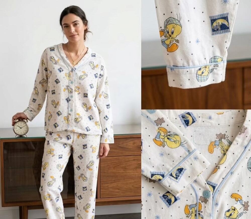 Vintage Looney Tunes 2001 Tweety Bird Cotton Flannel Pajama Set Womens Large